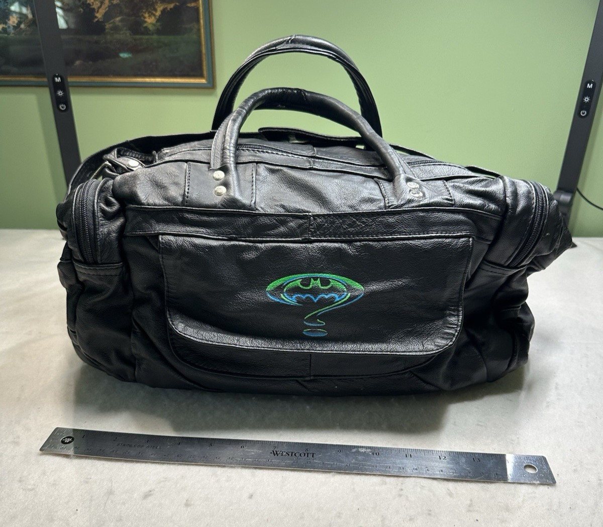 VTG ‘95 Batman Forever Promotional Black Leather Travel Bag Gym Travel DC Comics