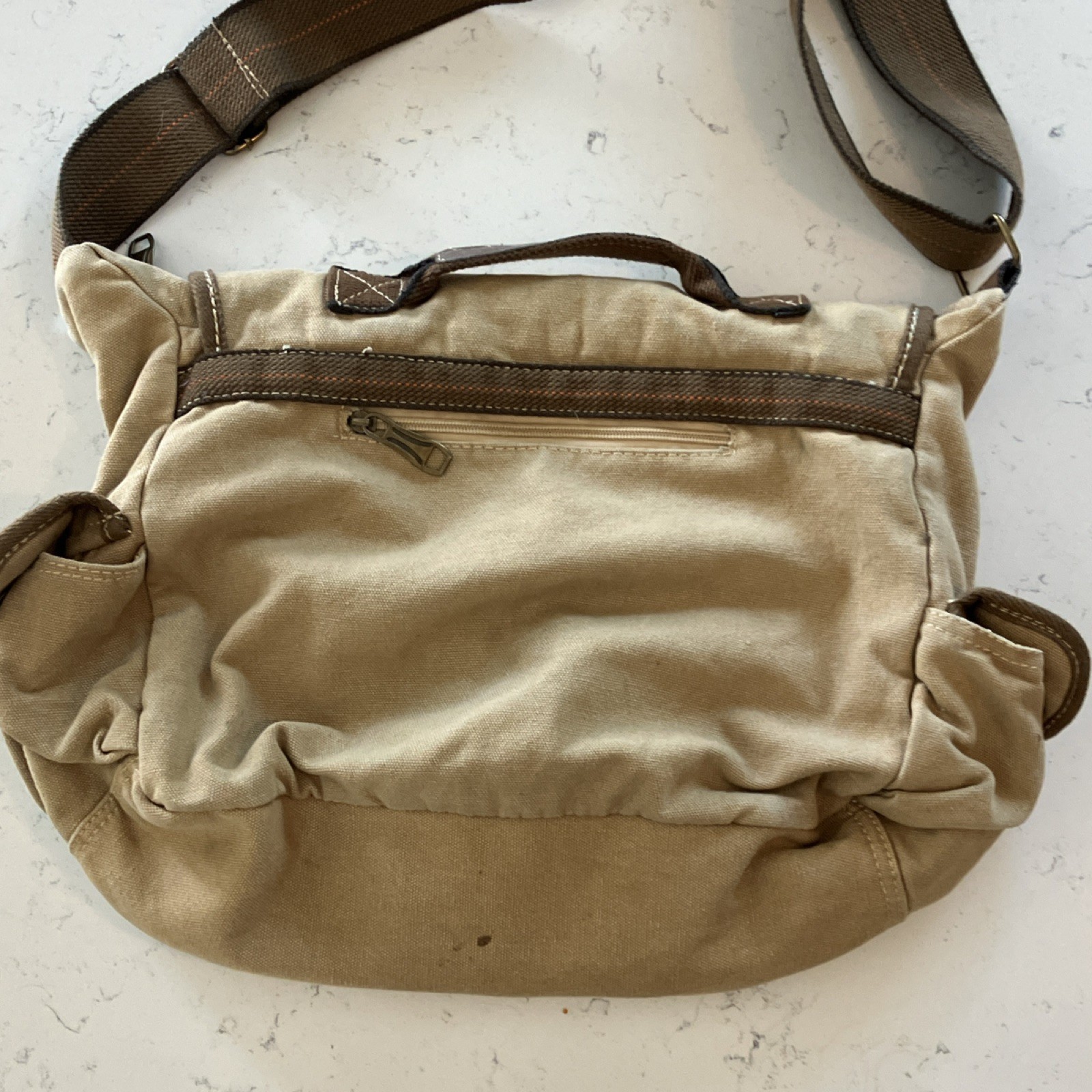 Vintage Khaki Canvas Messenger Bag Eagle Graphic Crossbody Satchel Multi Pocket
