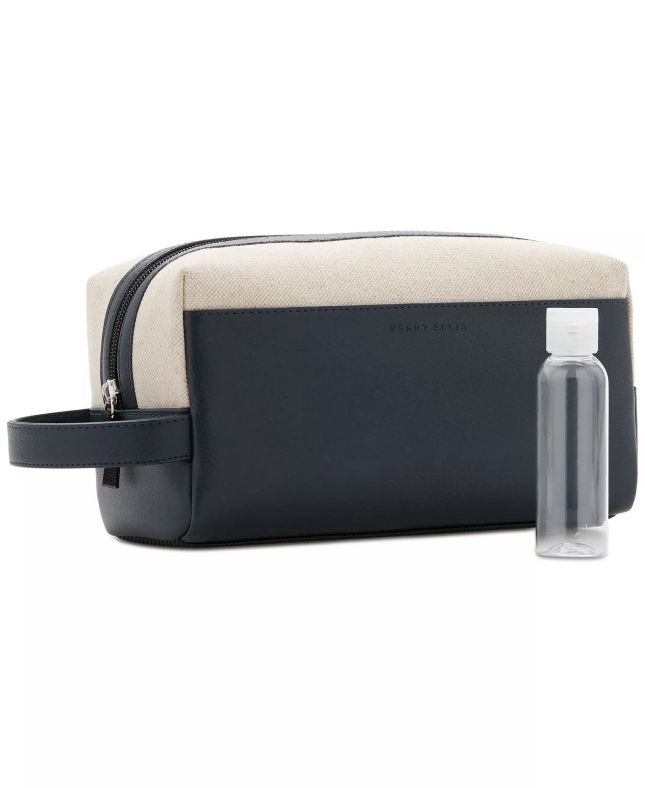 Perry Ellis Portfolio Mens Mixed Media Travel Toiletry Bag, Navy Blue With Beige