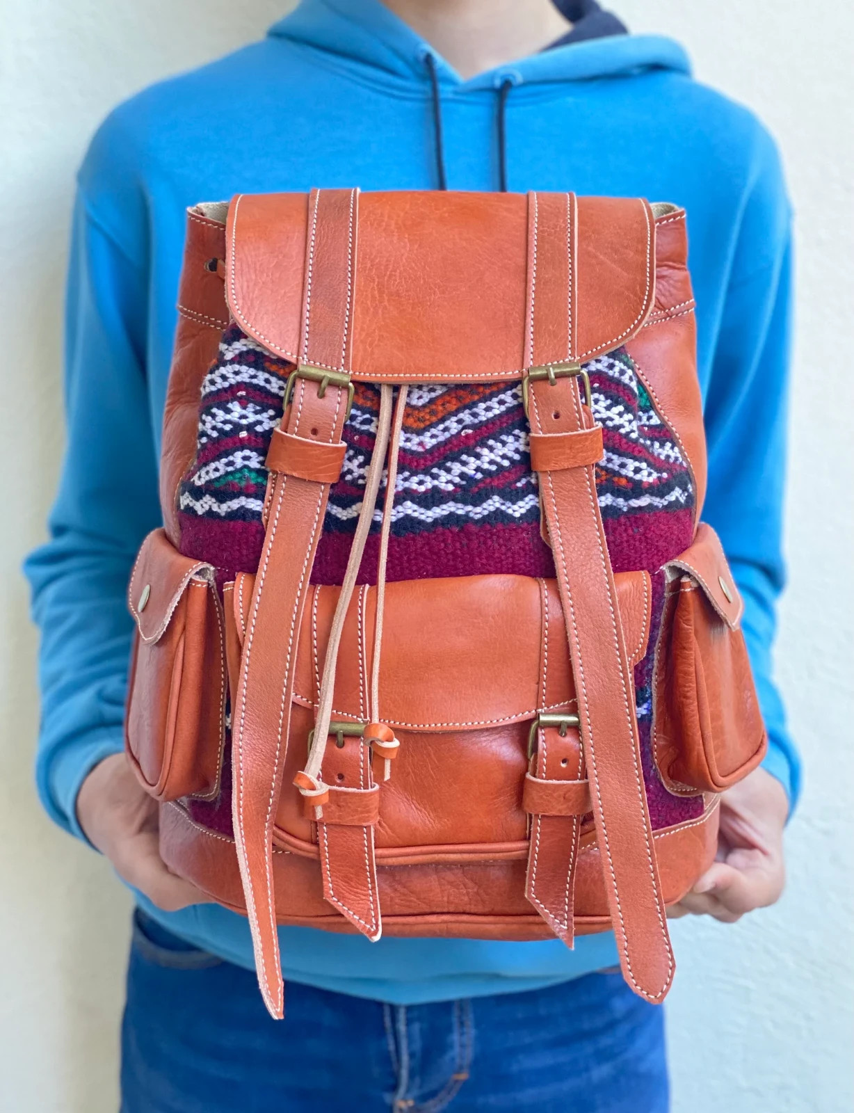 Handcrafted Genuine Leather & Red Kilim Backpack – Cognac | Leather Strap