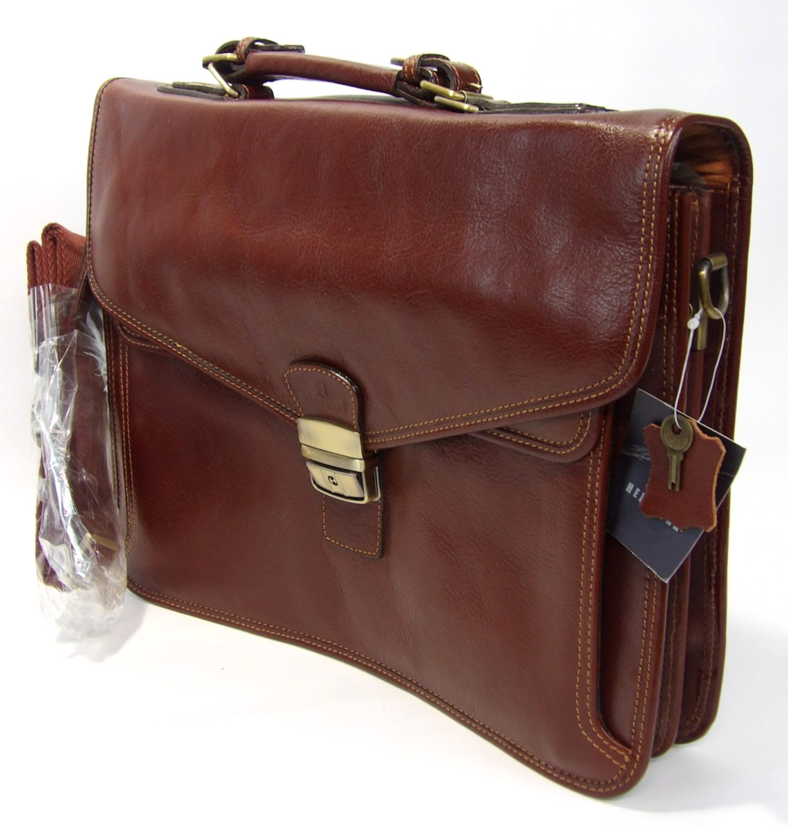 Hexagona Brown Genuine Leather w/ Flap 3 Compartments Shoulder Laptop Bag New!
