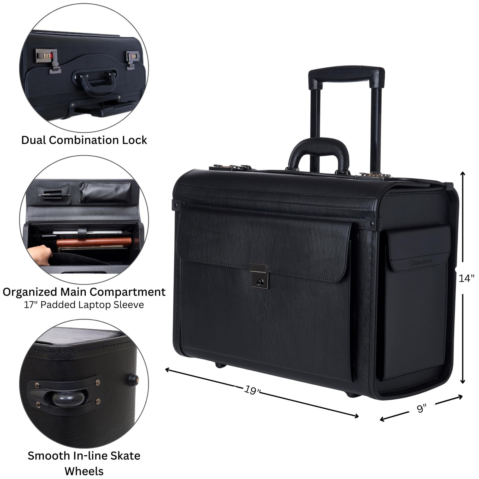17″ Rolling Laptop Briefcase on Wheels Legal Size Attache for Lawyers
