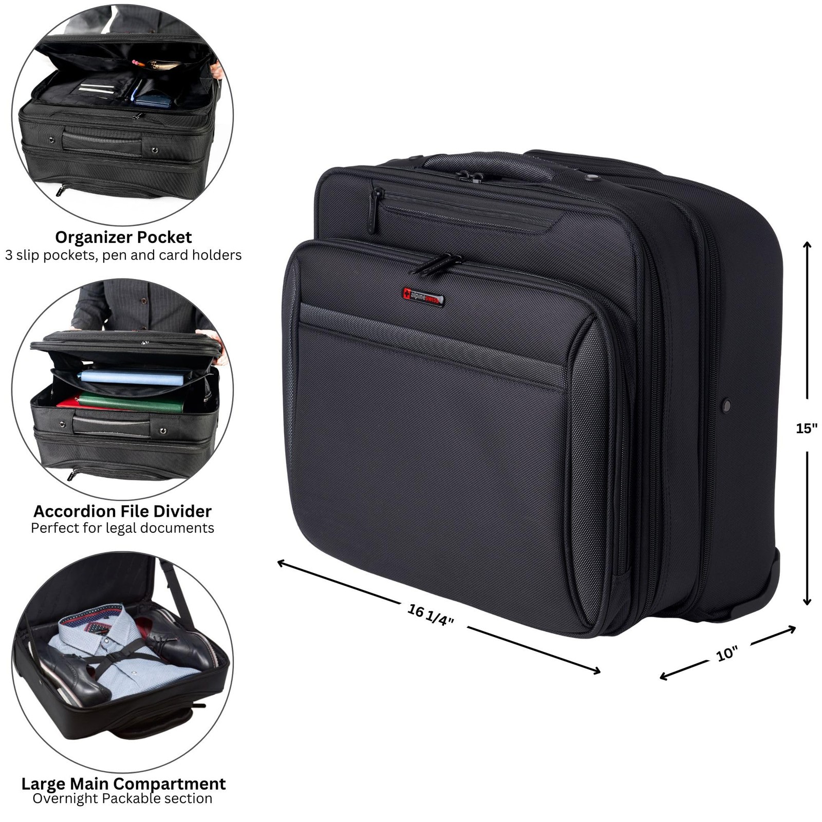 Alpine Swiss Rolling Laptop Briefcase Wheeled Overnight Carry on Bag Up to 15.6