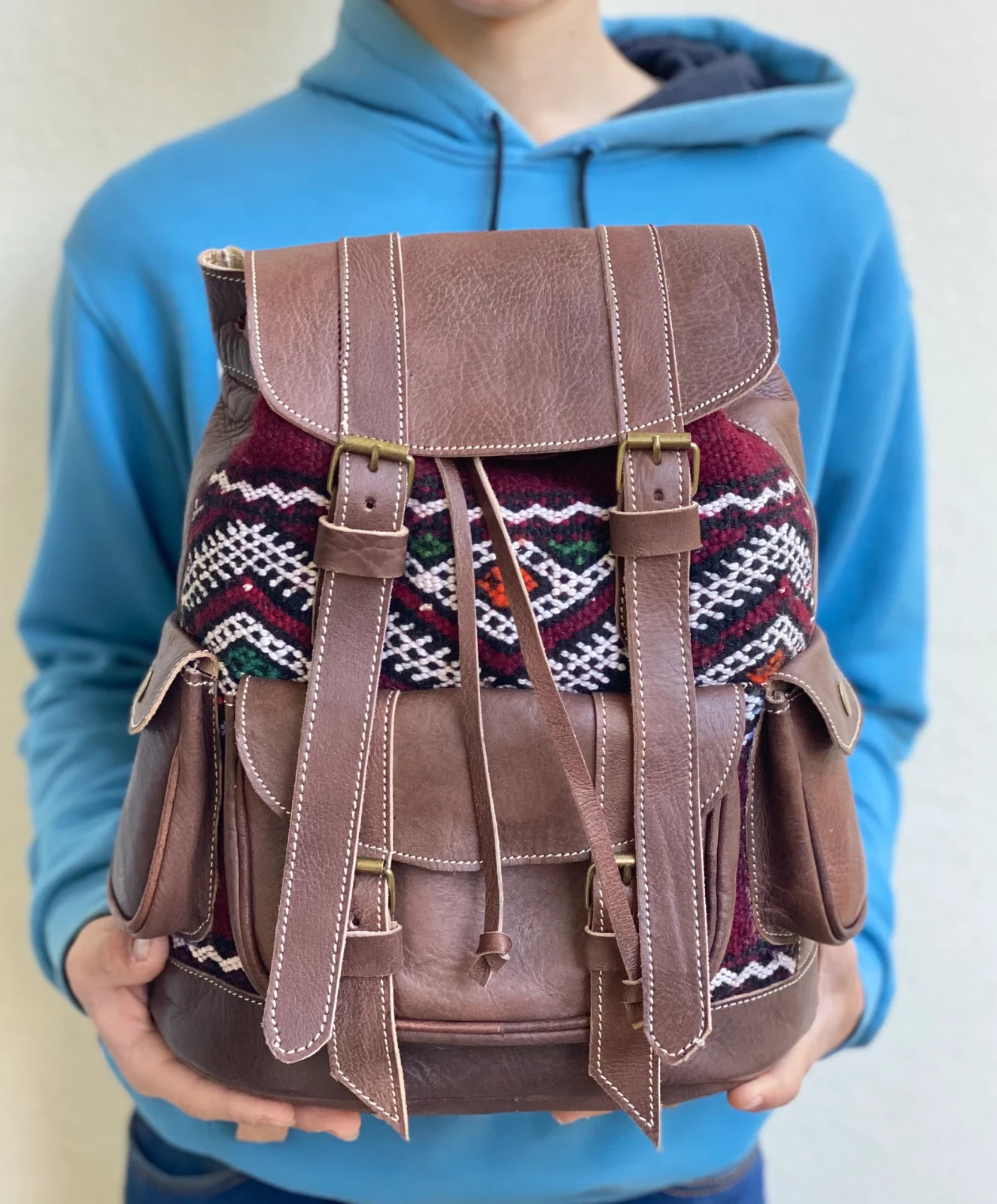 Handcrafted Genuine Leather & Red Kilim Backpack – Brown Leather | Leather Strap