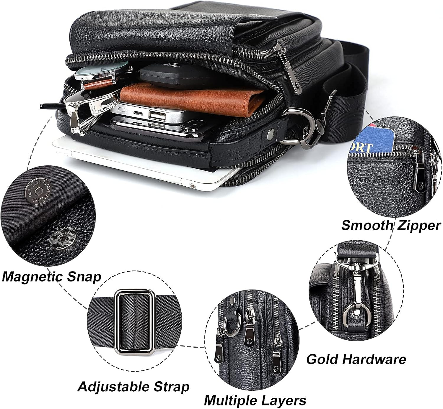 Leather Small Messenger Bag for Men Crossbody Handbag Shoulder Sling Travel Bags