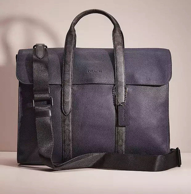 COACH Metropolitan Portfolio Navy Leather Signature Canvas Blocking Briefcase