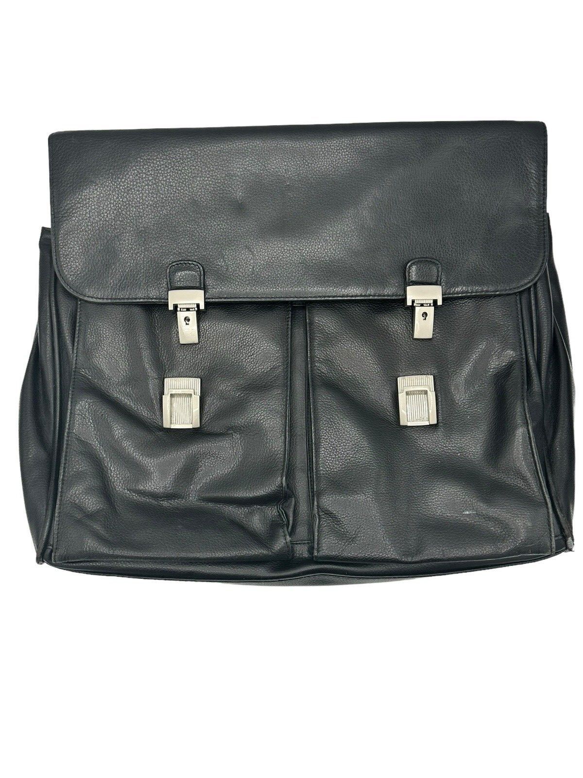 Perry Ellis Portfolio Black Genuine Leather Briefcase Black Many Pockets FLAW