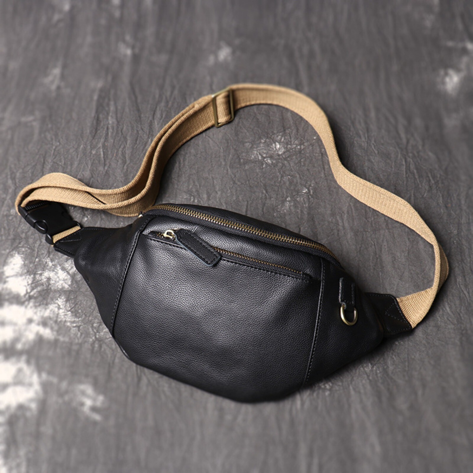 Mens Leather Crossbody Sling Bag Adjustable Strap Fanny Pack with Zippers