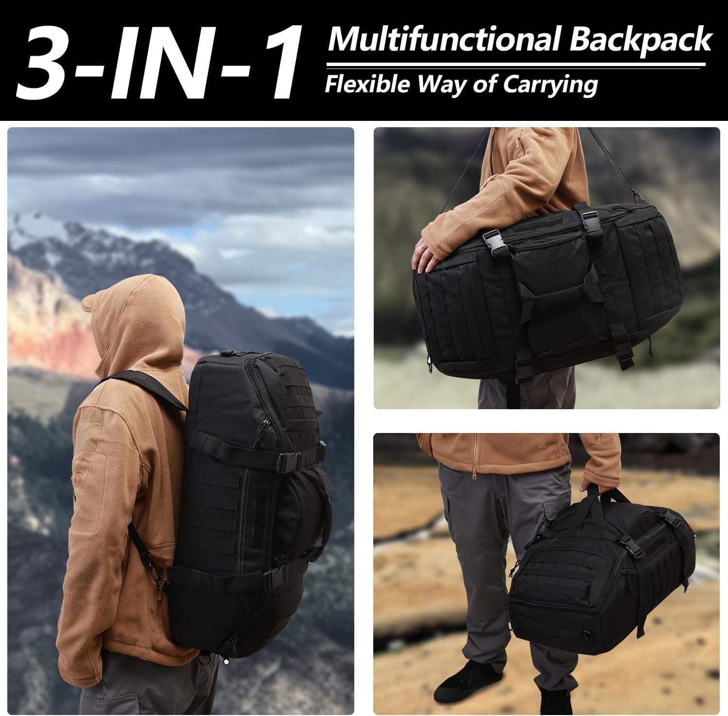65L Large Duffle Bag, 3-in-1 Tactical Backpack MOLLE Pack for Sports, Gym, Outdo