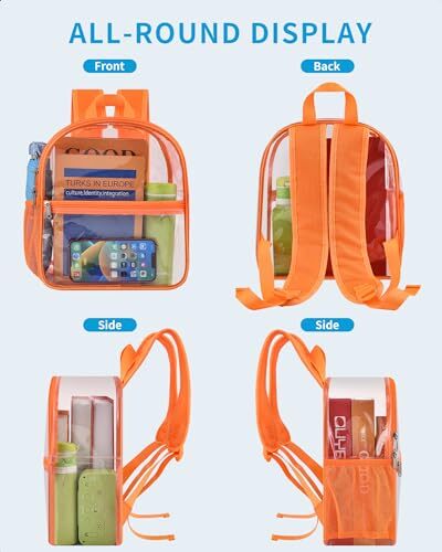 Clear Backpack Stadium Approved 12×12×6 with Reinforced and Wider Orange