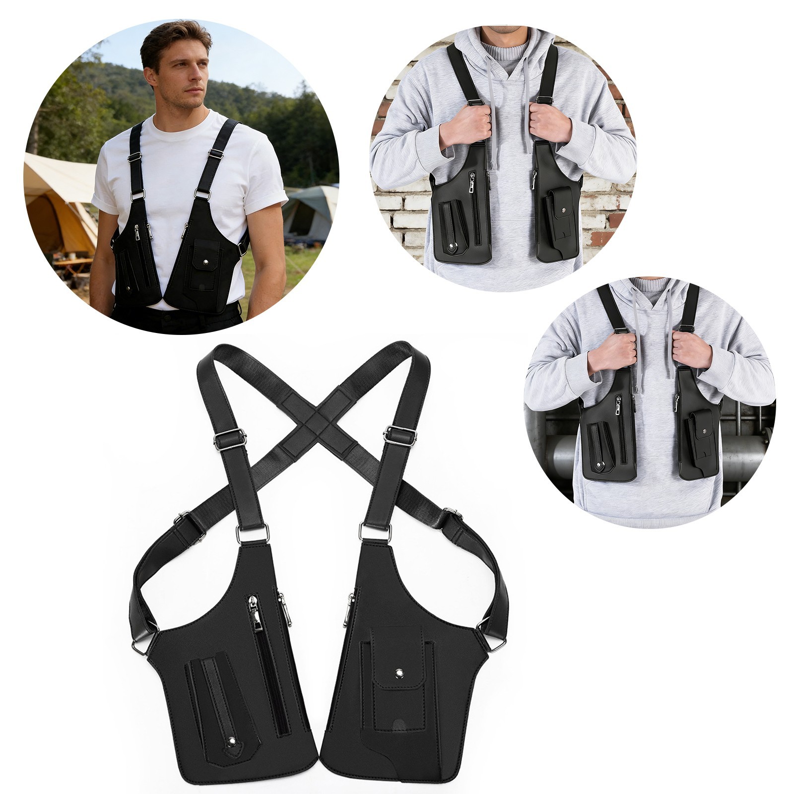 Men Double Shoulder Underarm Bag Anti Theft Holster PU Leather Travel Chest Bag