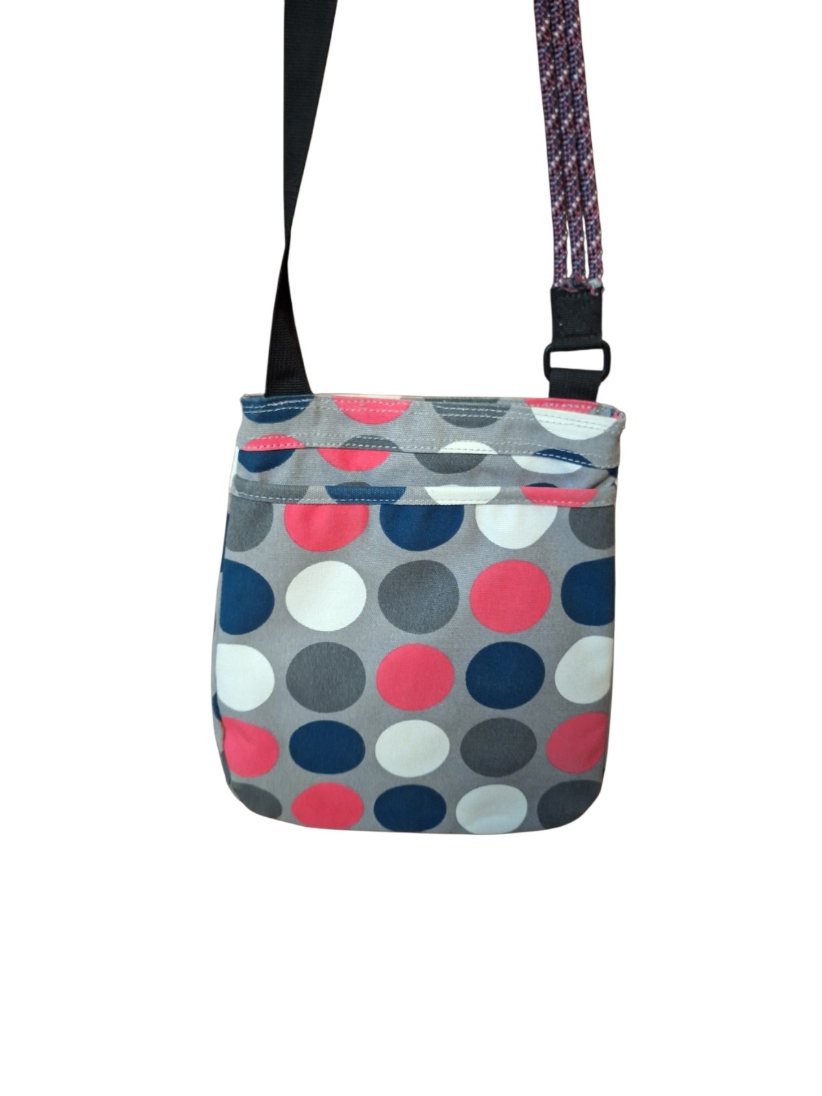 KAVU Keepalong Canvas Sling Bag Crossbody Rope Shoulder Bag Gray Polka Dots