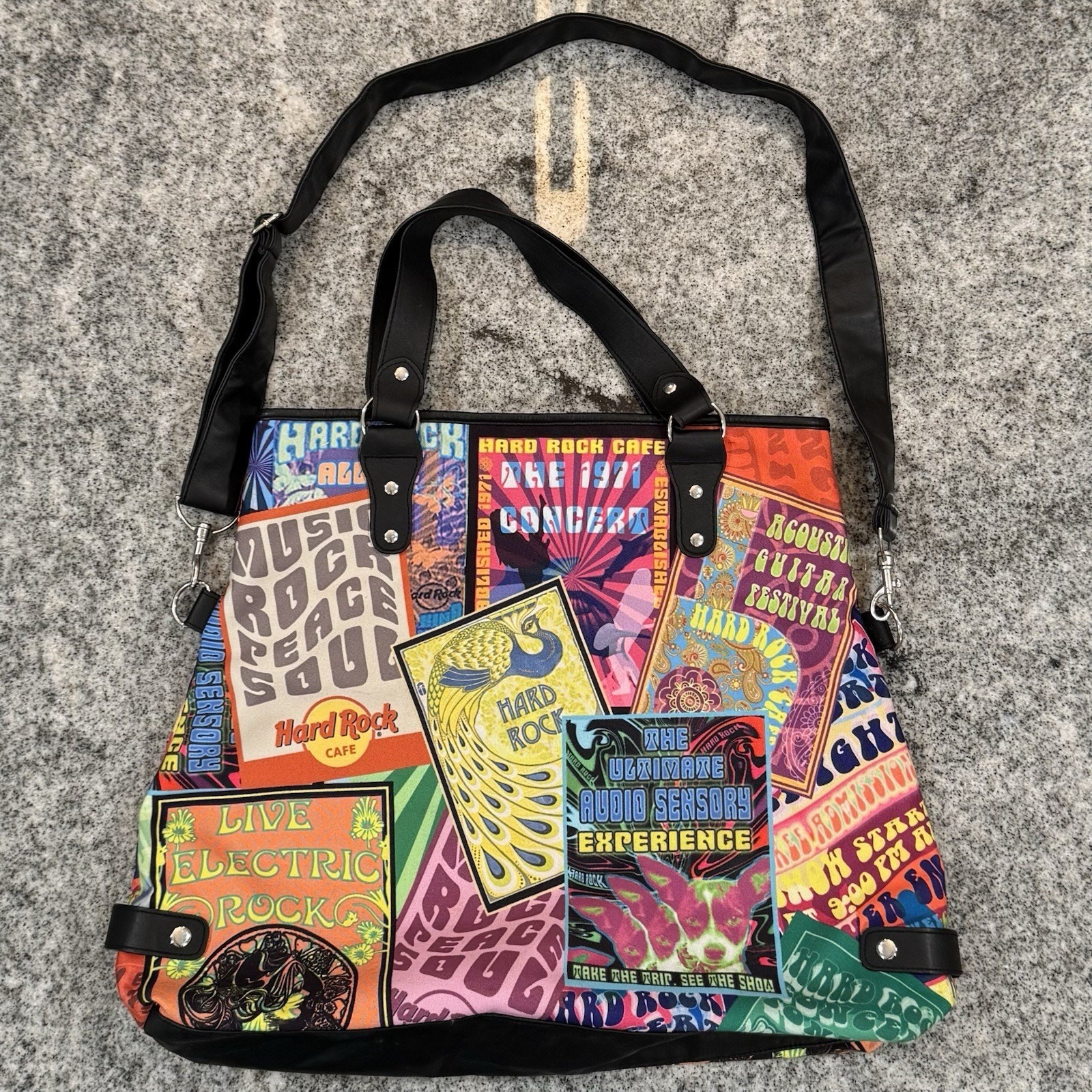 Hard Rock Cafe Concert Poster Graphic Messenger Tote Bag Purse Retro Boho *READ