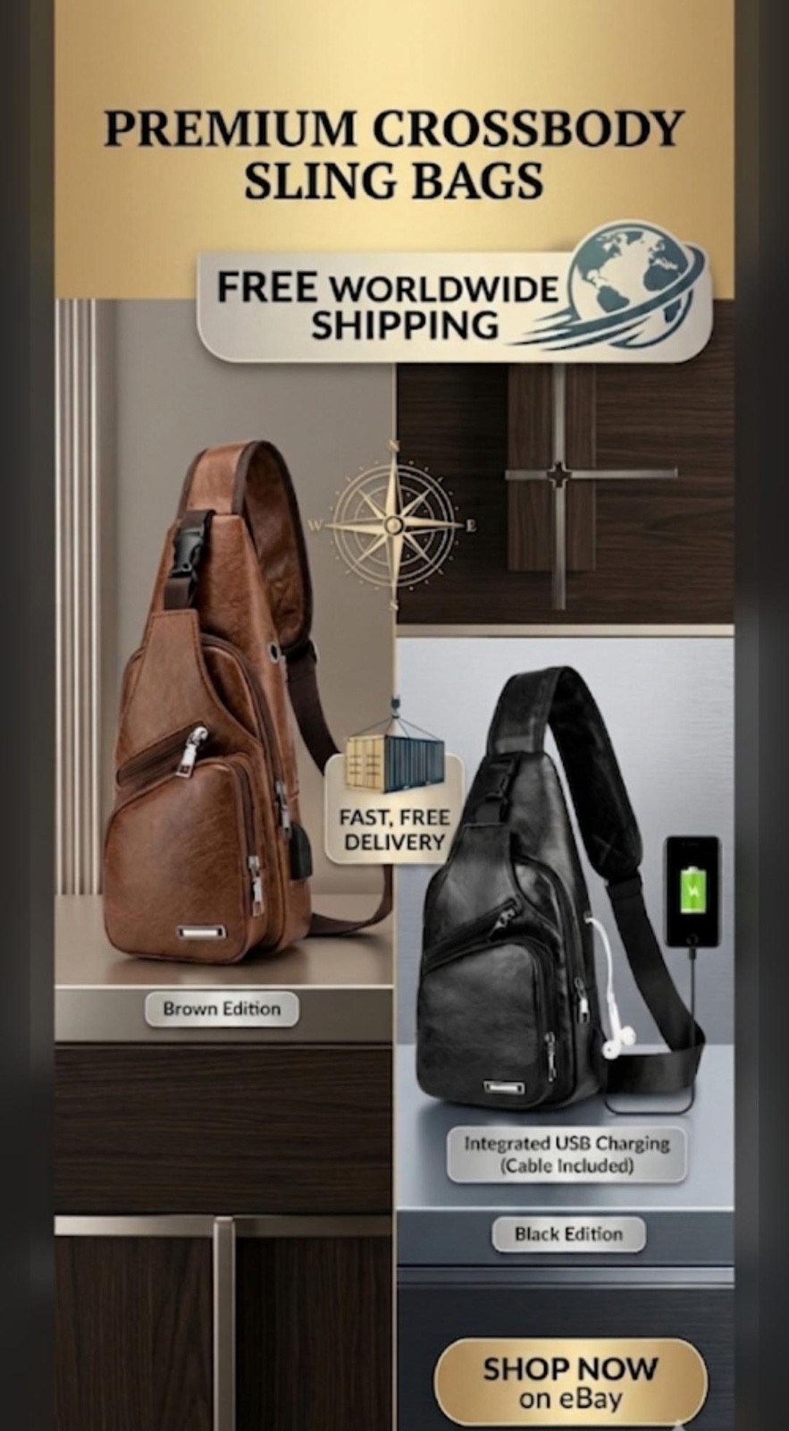 2 Pack Men Sling Bag Crossbody Backpack USB Charging Port Chest Travel Sport Day
