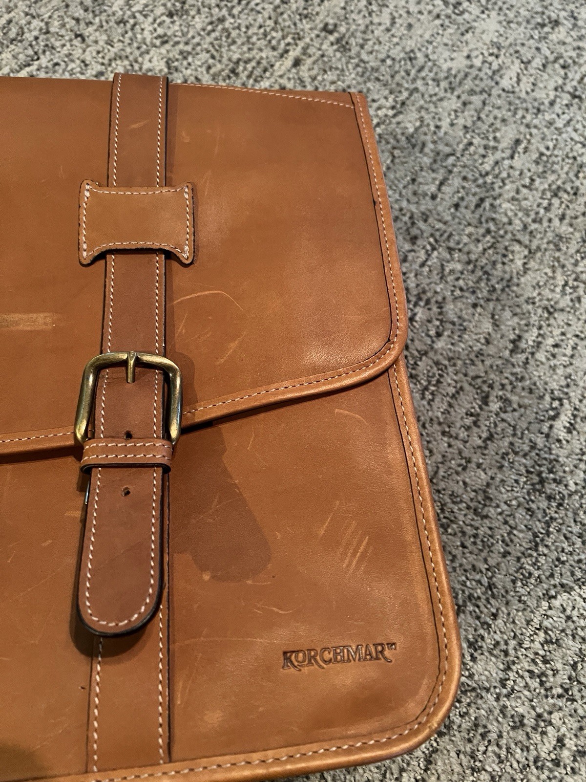 Vintage Korchmar Brown Tan Belted Leather Briefcase Work Bag Made In USA CLEAN!