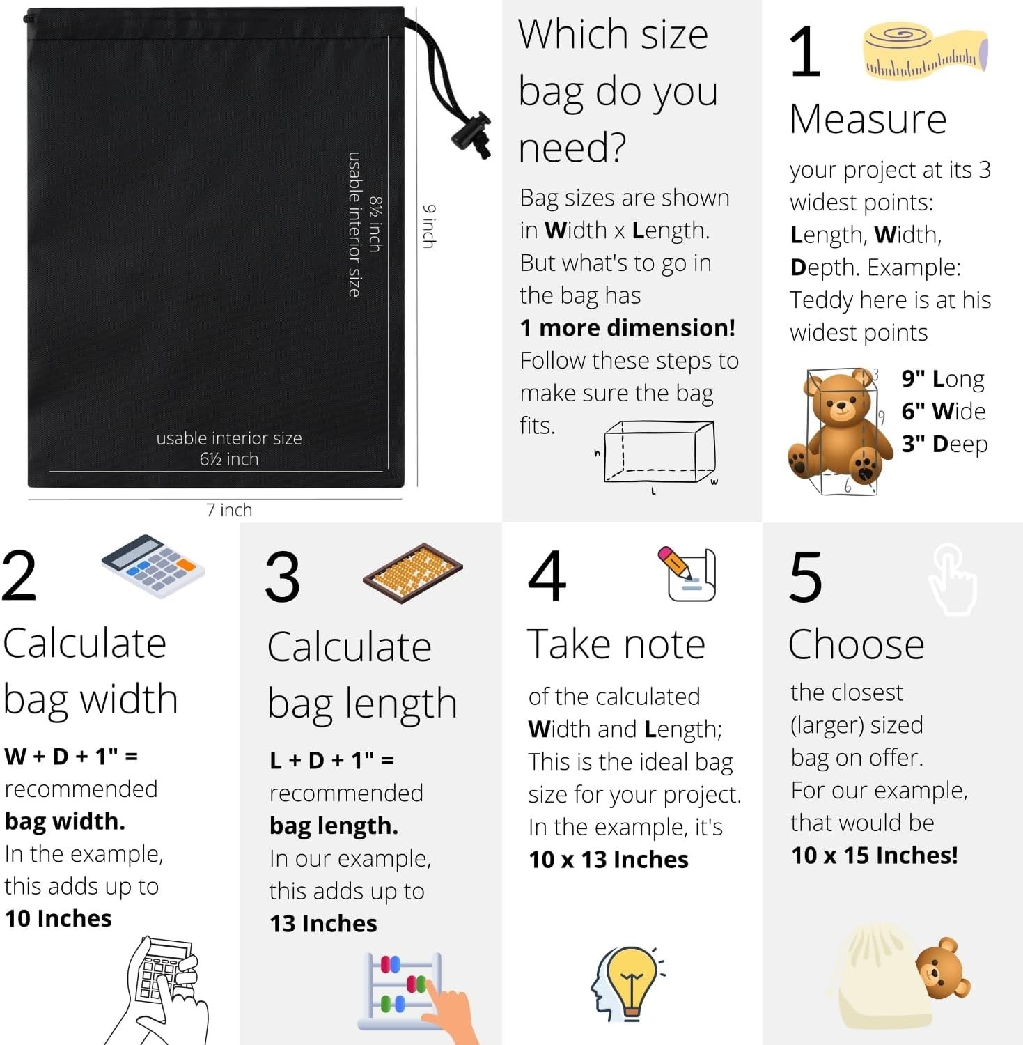 6 Set Drawstring Bag With Toggle Nylon Cinch & Ditty Pouch Black 7 X 9 Inch