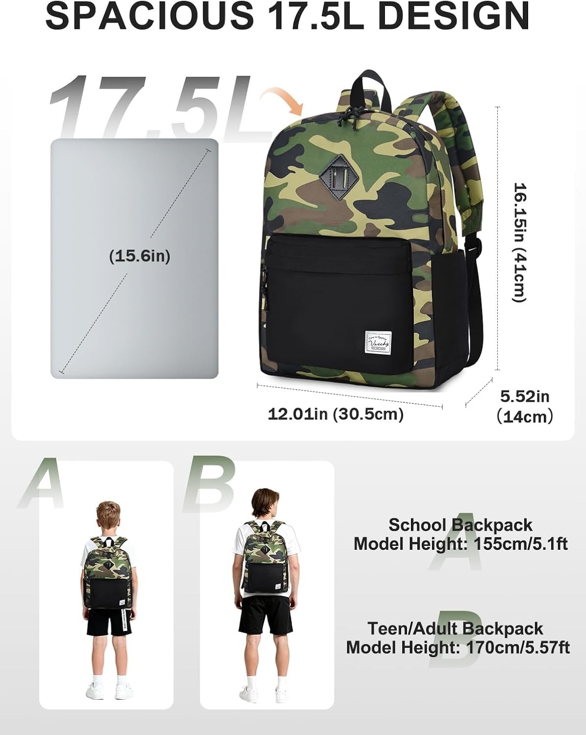 Lightweight Water Resistant Backpack for Men Camo Black Daypack Travel