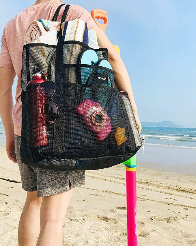 28″x15″ Extra Large Summer Beach Mesh Bag Tote w/Zipper & 8 Pockets XL Sandproof