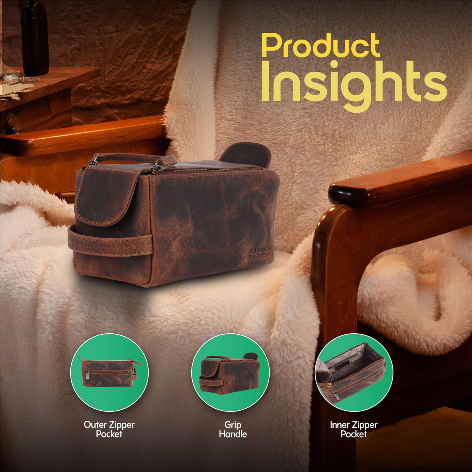 Hammonds Flycatcher Genuine Leather Travel Toiletry Bag for Chestnut Brown