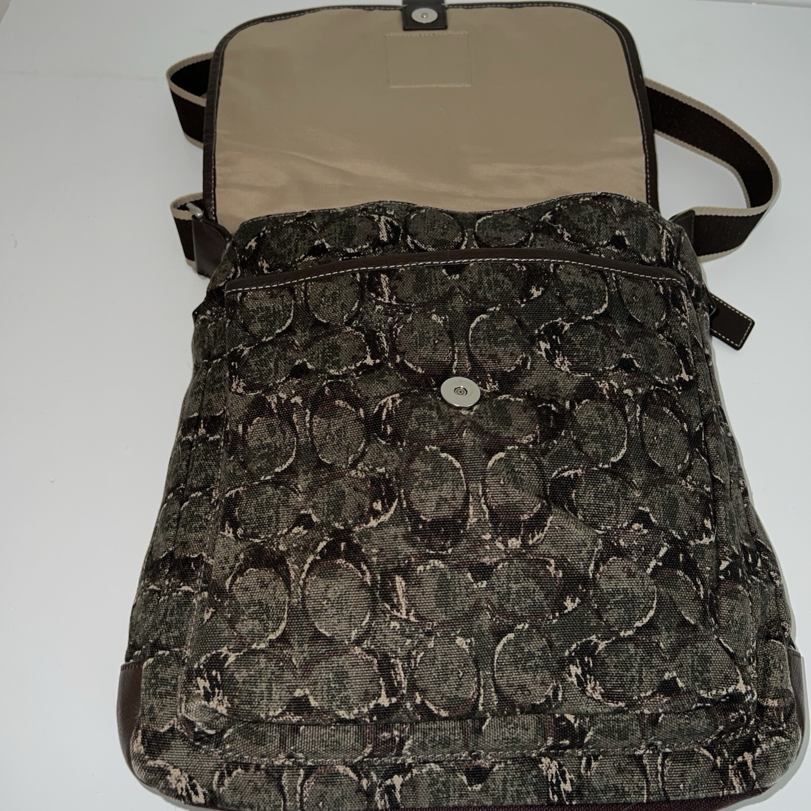 New COACH Heritage Web Green Brown Canvas Logo Leather Messenger Bag #F70627 U2