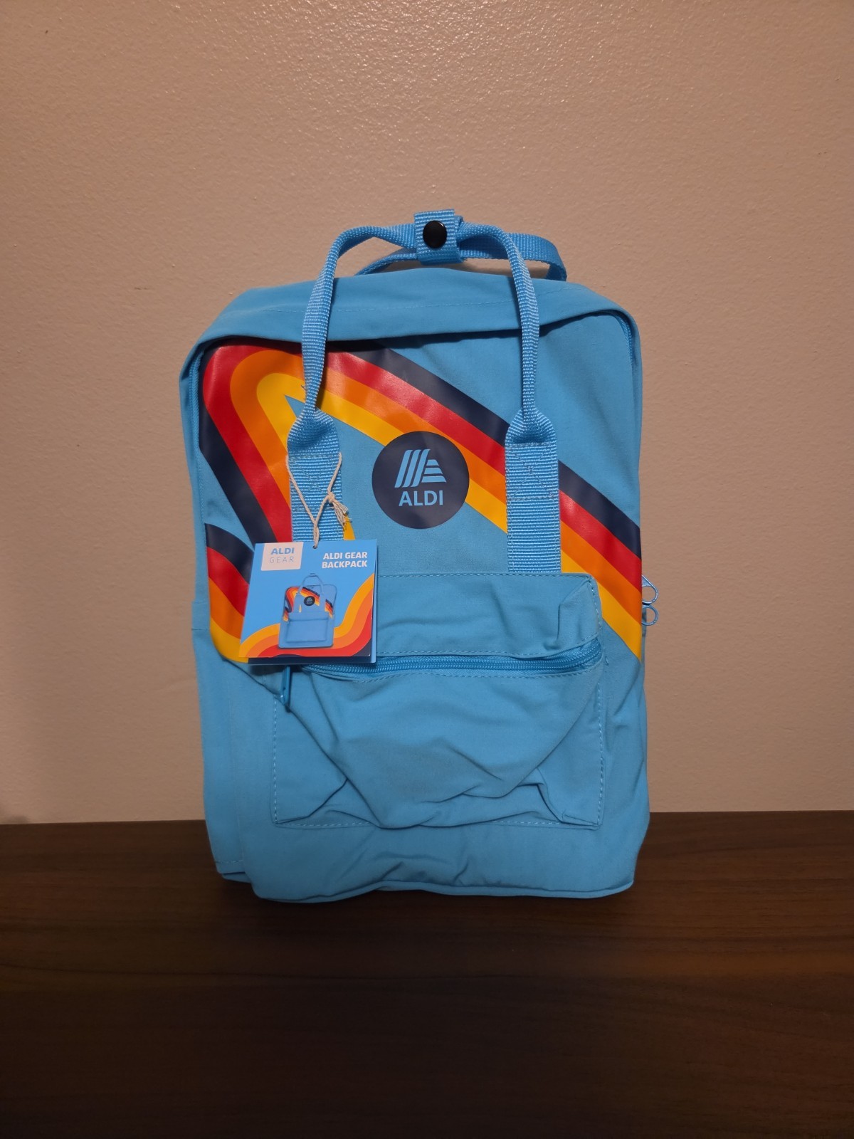 Aldi Gear Blue Rainbow Backpack with Laptop Sleeve Side Pockets Bright Logo NWT