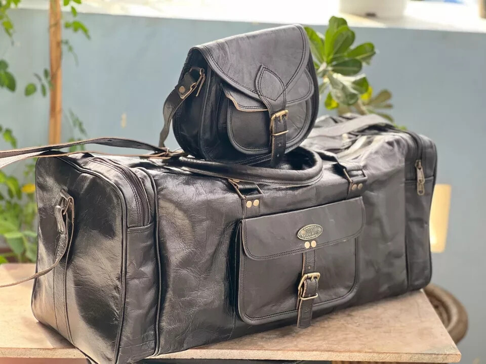 Leather Travel Duffel Weekend Overnight Luggage Men’s Bag Free Black Purse