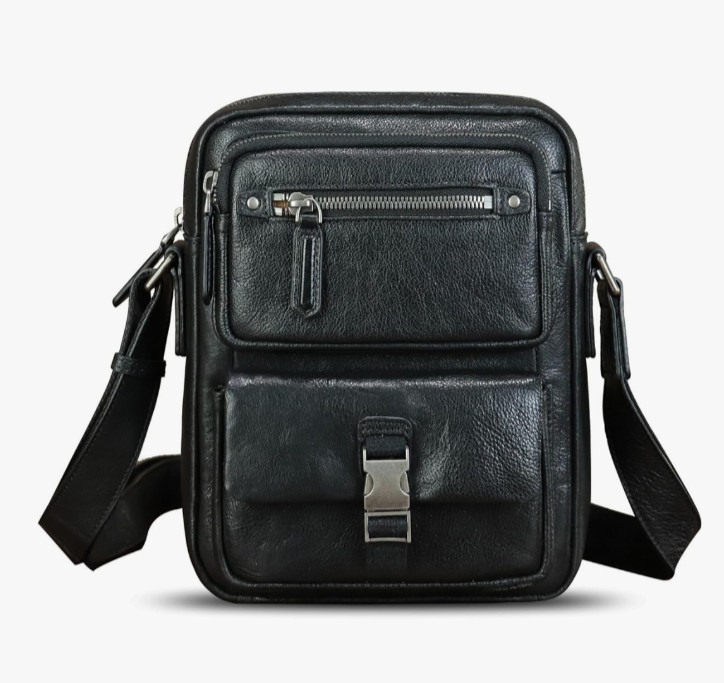 Genuine Leather Messenger Bag for Men Multi-Pocket Crossbody Shoulder Bag Black