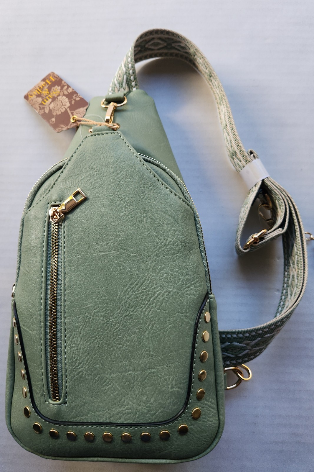 Sam & Hadley Western Light Olive Green Crossbody Sling Bag with Studded Accent
