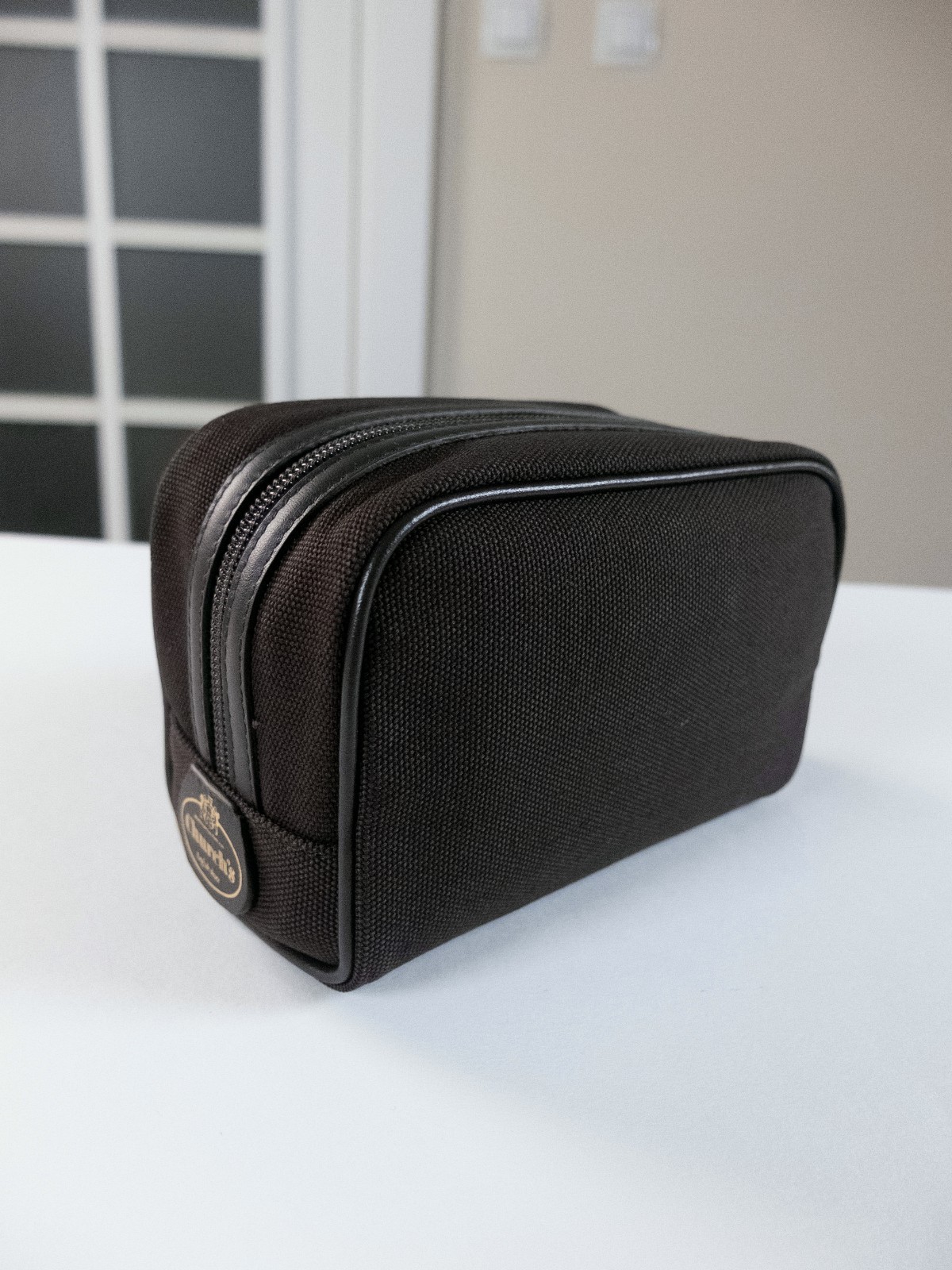 (NO CUSTOMS TAX) CHURCH’S London brown leather trimmed canvas toiletry wash bag