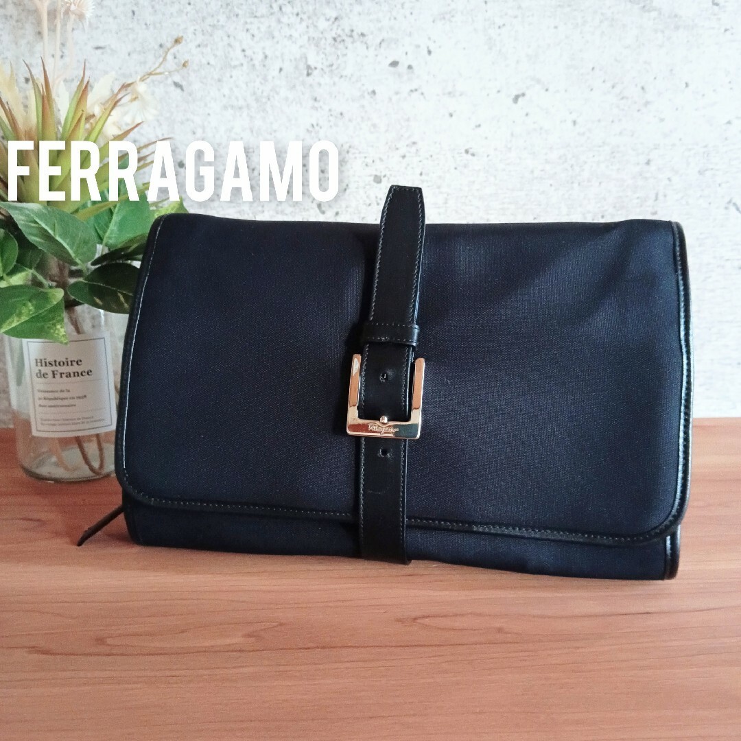 Ferragamo Men’s Clutch Second Bag Handbag Pouch High Capacity Black 27x20x4cm
