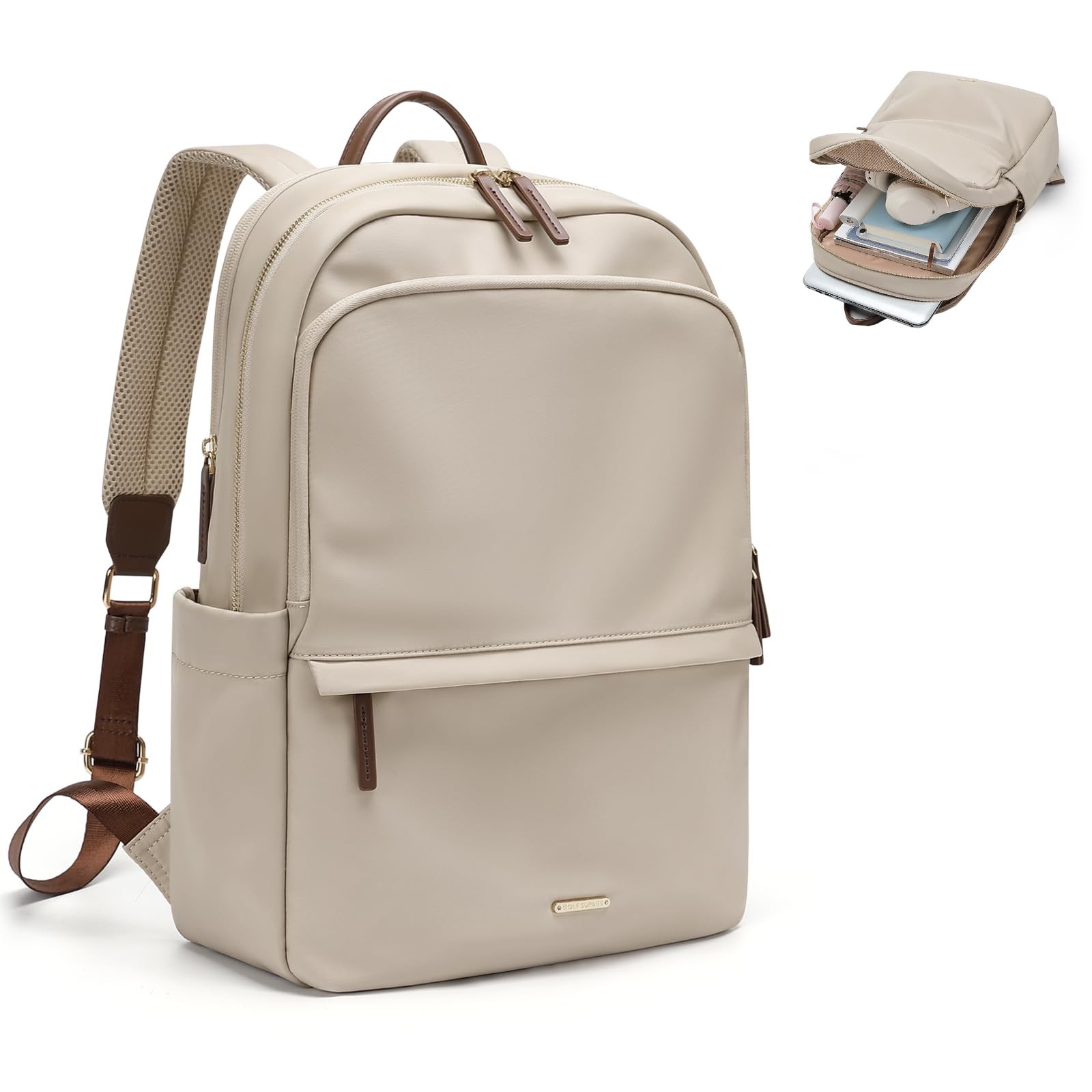 Women Laptop Backpack Casual Daypack Travel Work College Fits 14 Inch Apricot
