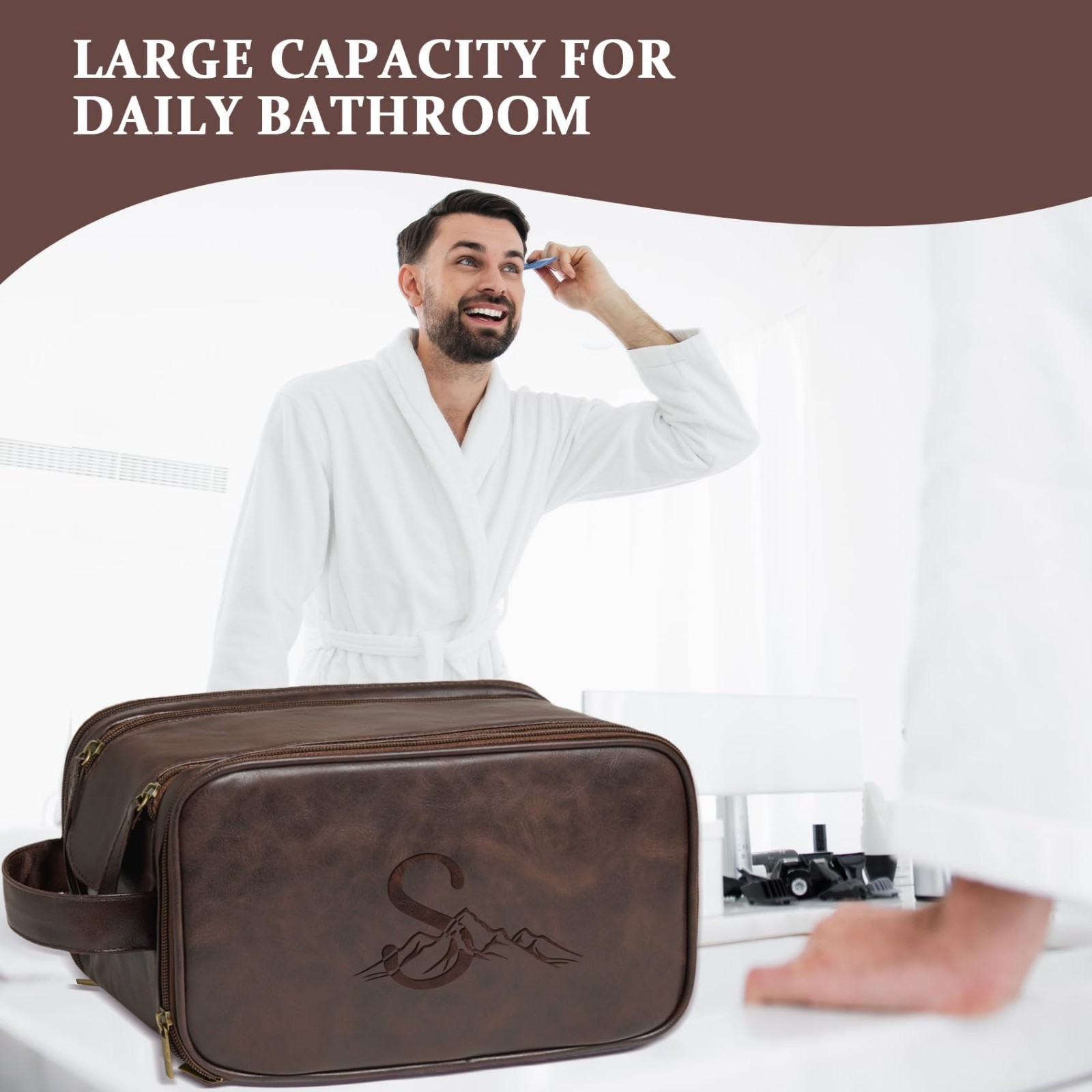 Waterproof Travel Toiletry Bag for Men, Personalized Leather Dopp Kit, Groomsmen