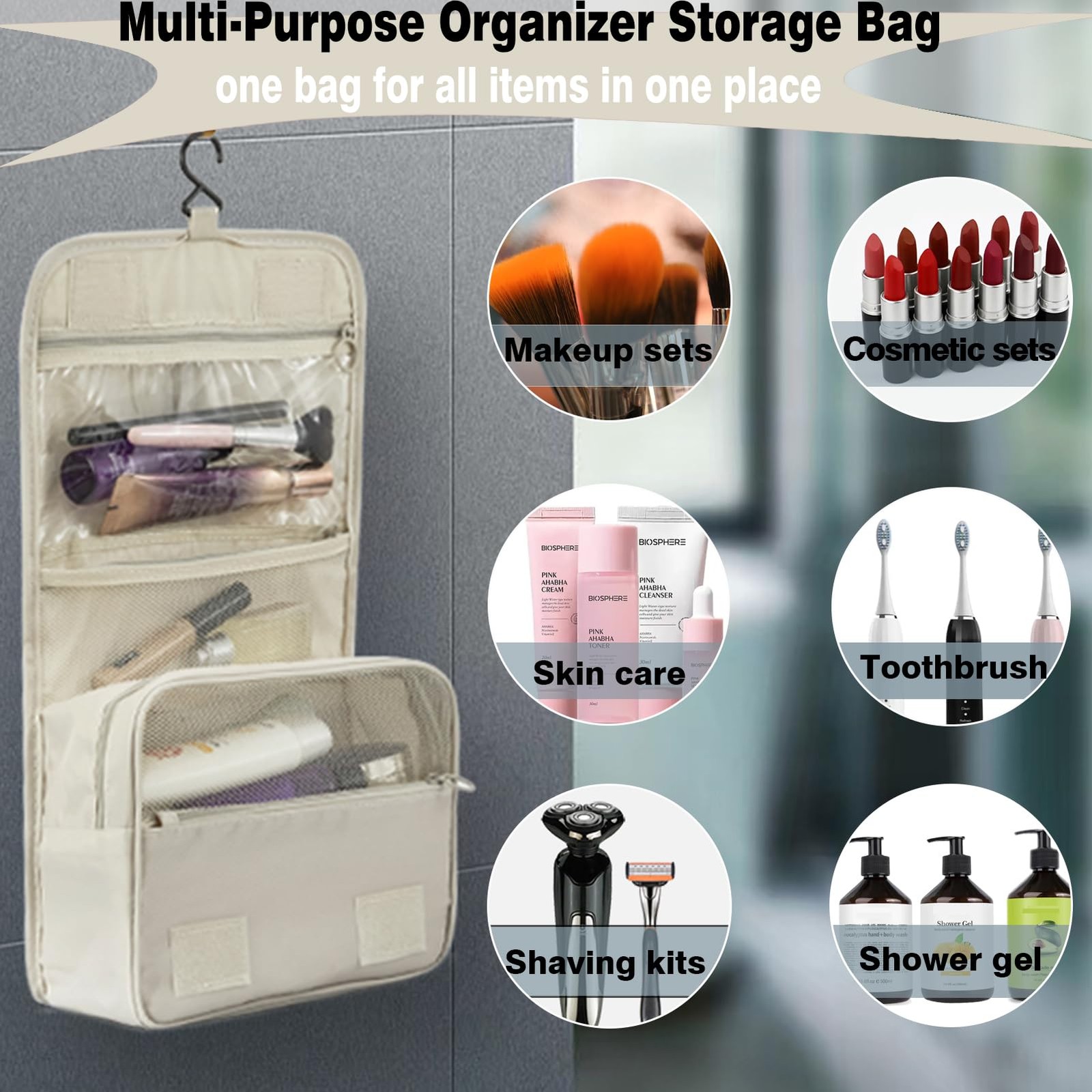 L&FY Hanging Travel Toiletry Bag Women’s Cosmetic Compact Size, Beige