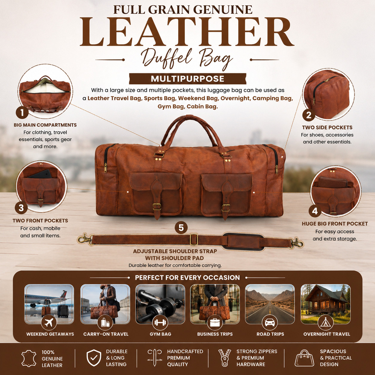 32″ Large Vintage Genuine Leather Duffle Bag, Carry On Travel Bag, Overnight Bag