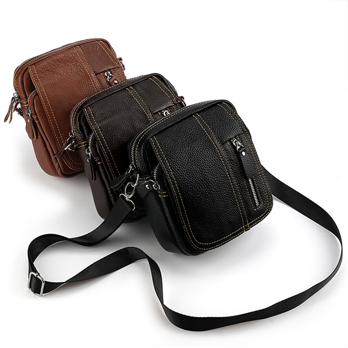 Mens Genuine Leather Mini Messenger Cross Body Handbag Shoulder Bag Large Purse