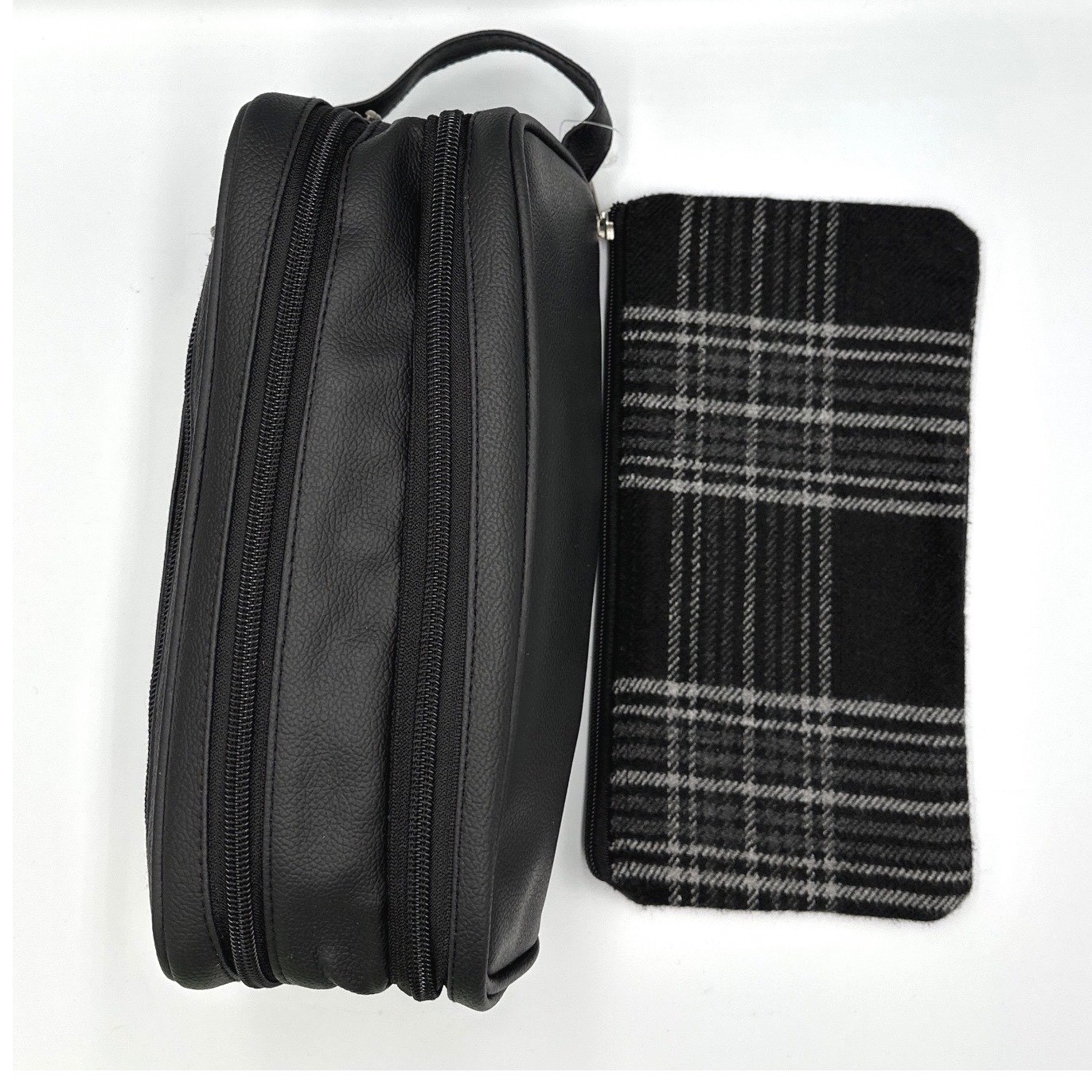 Jet Set Black Faux Leather Dopp Kit & Plaid Zipper Pouch Travel Toiletry Set NEW