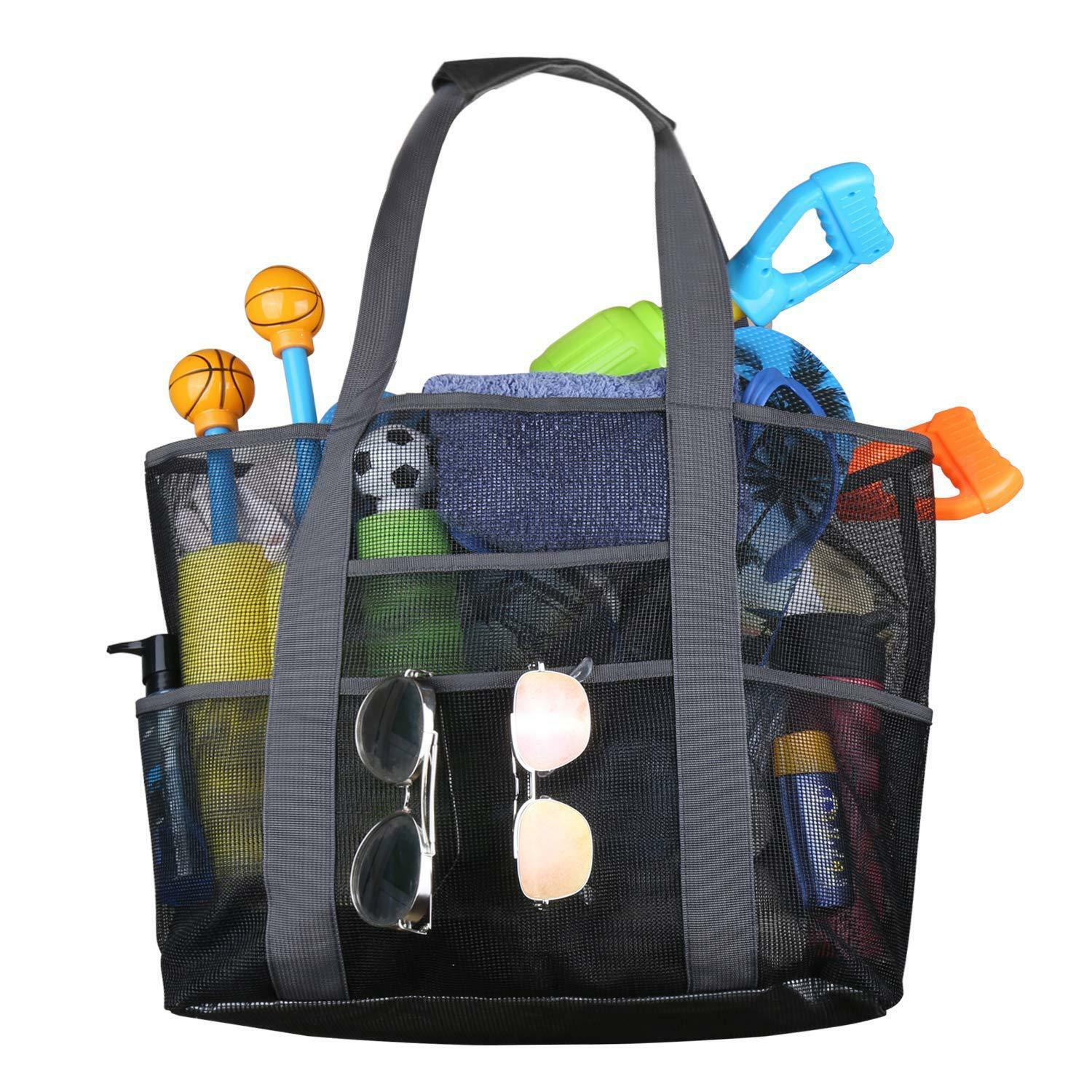 28″x15″ Extra Large Summer Beach Mesh Bag Tote w/Zipper & 8 Pockets XL Sandproof