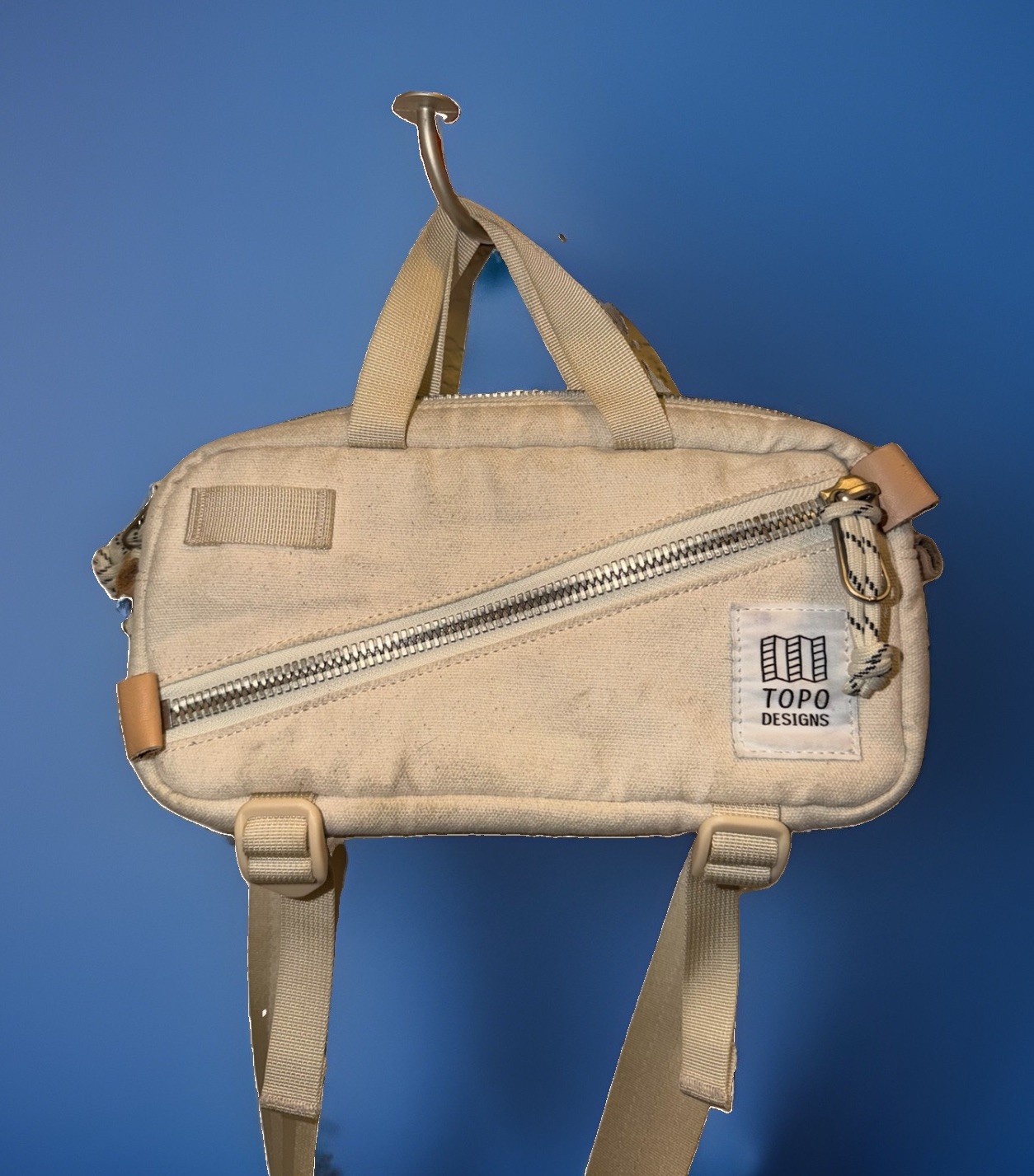 Topo Designs Beige Crossbody Bag Adjustable Strap Zip & Buckle Closure