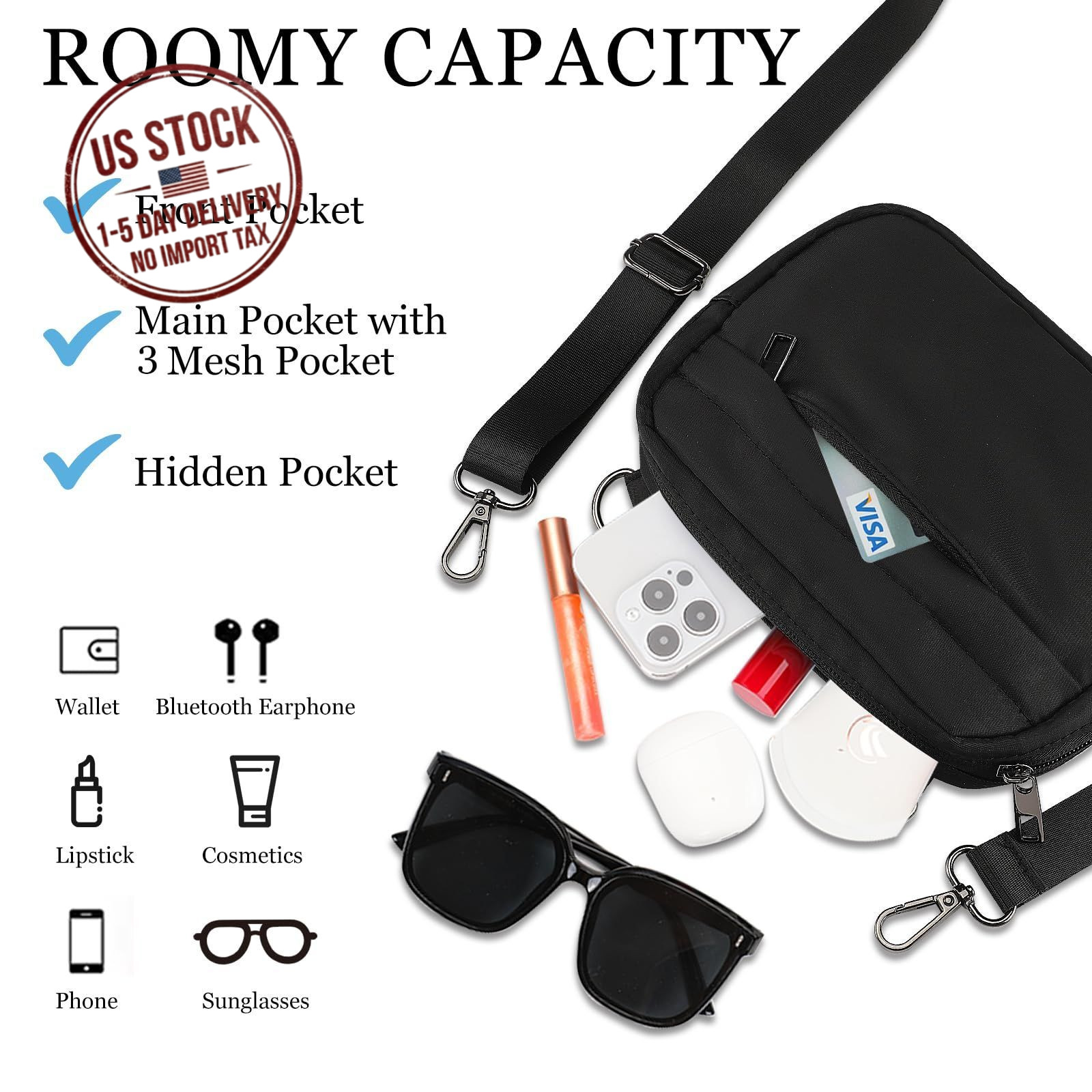 Small Crossbody Bag for Women Belt Bag Fanny Pack Adjustable Strap Black