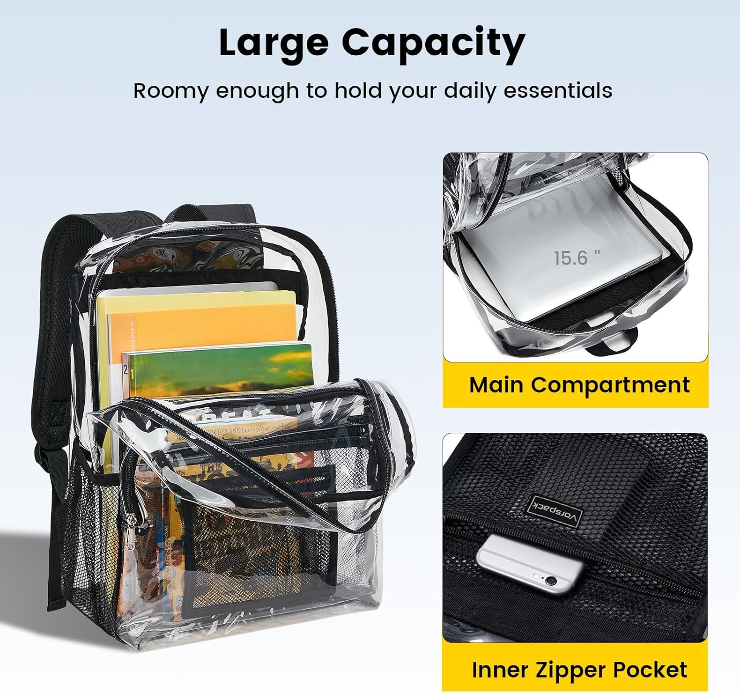 Vorspack Clear Backpack Heavy Duty – Clear Bookbag Large See through Backpack Pl