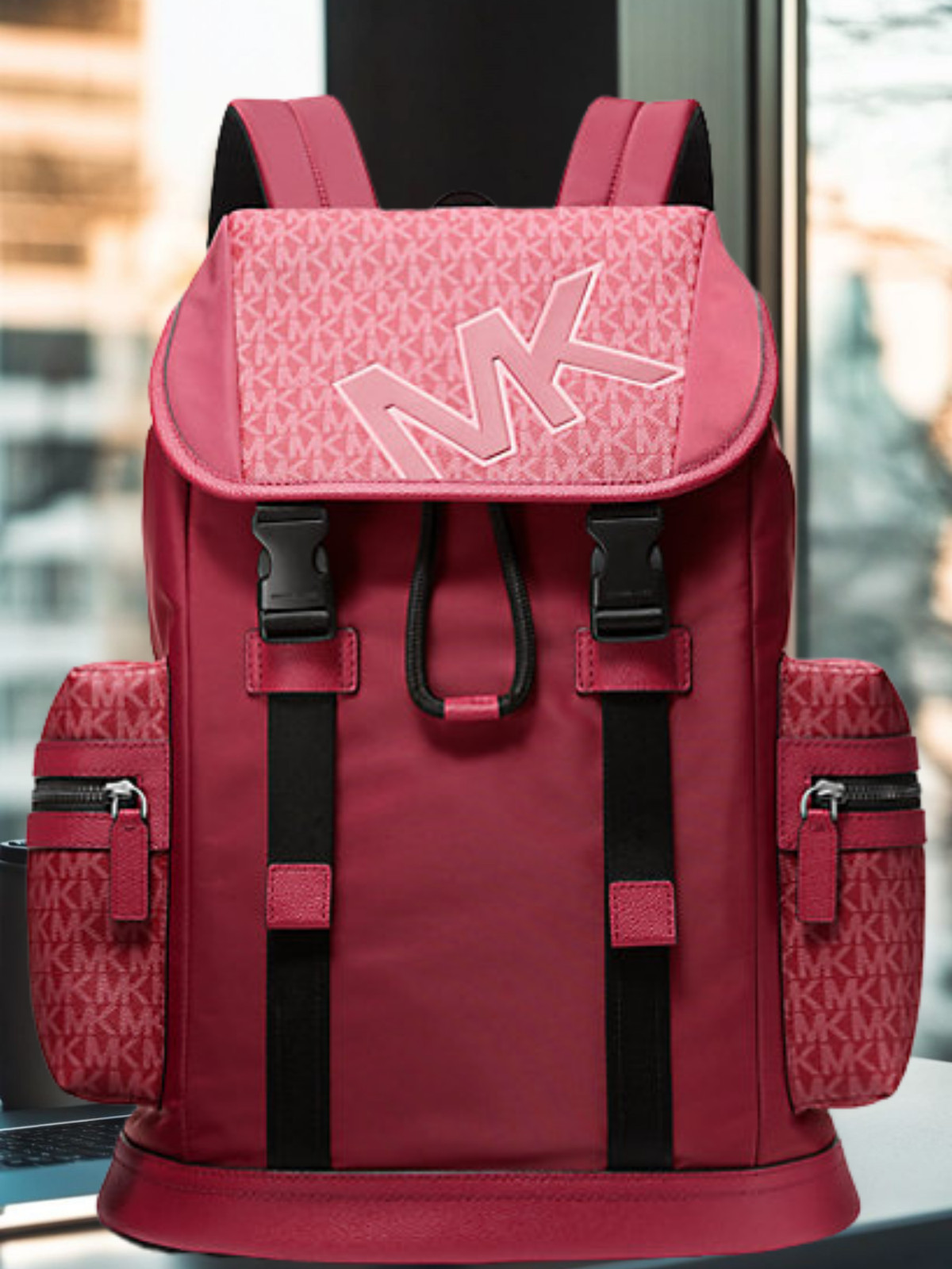 Michael Kors Cooper Men Signature Logo and Nylon Pocket Travel Backpack Cherry