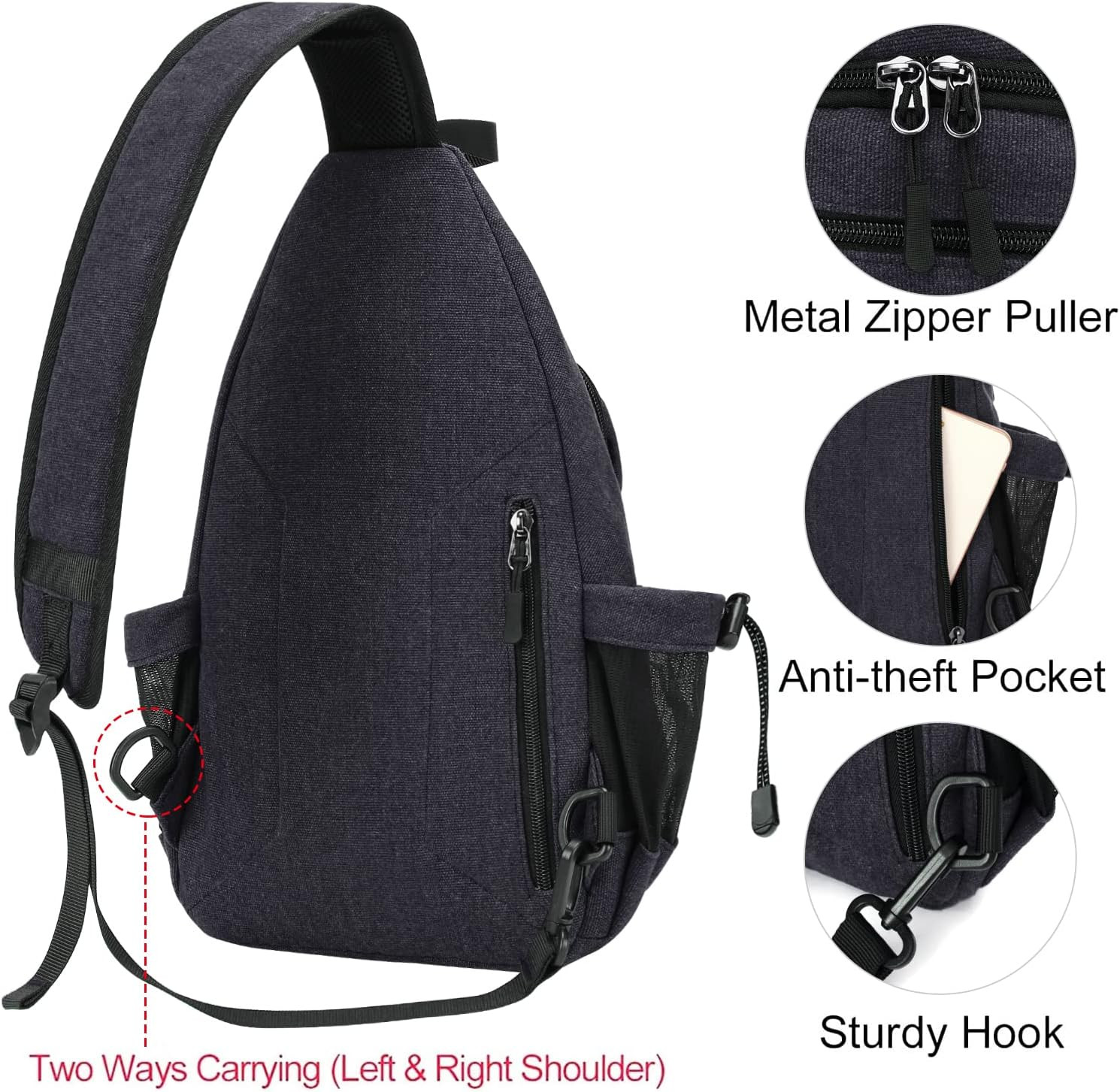 Sling Backpack,Canvas Crossbody Hiking Daypack Bag with Anti-Theft Pocket, Space
