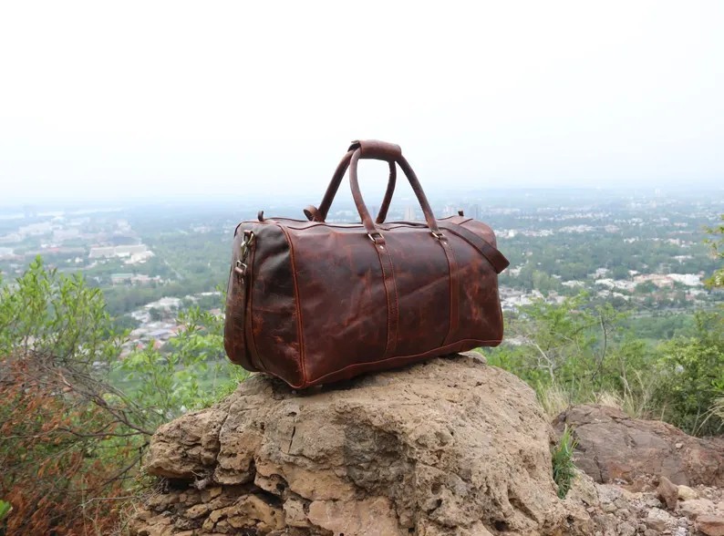 Buffalo Leather Duffle Bag| Genuine leather weekender bag brown| Leather holdall
