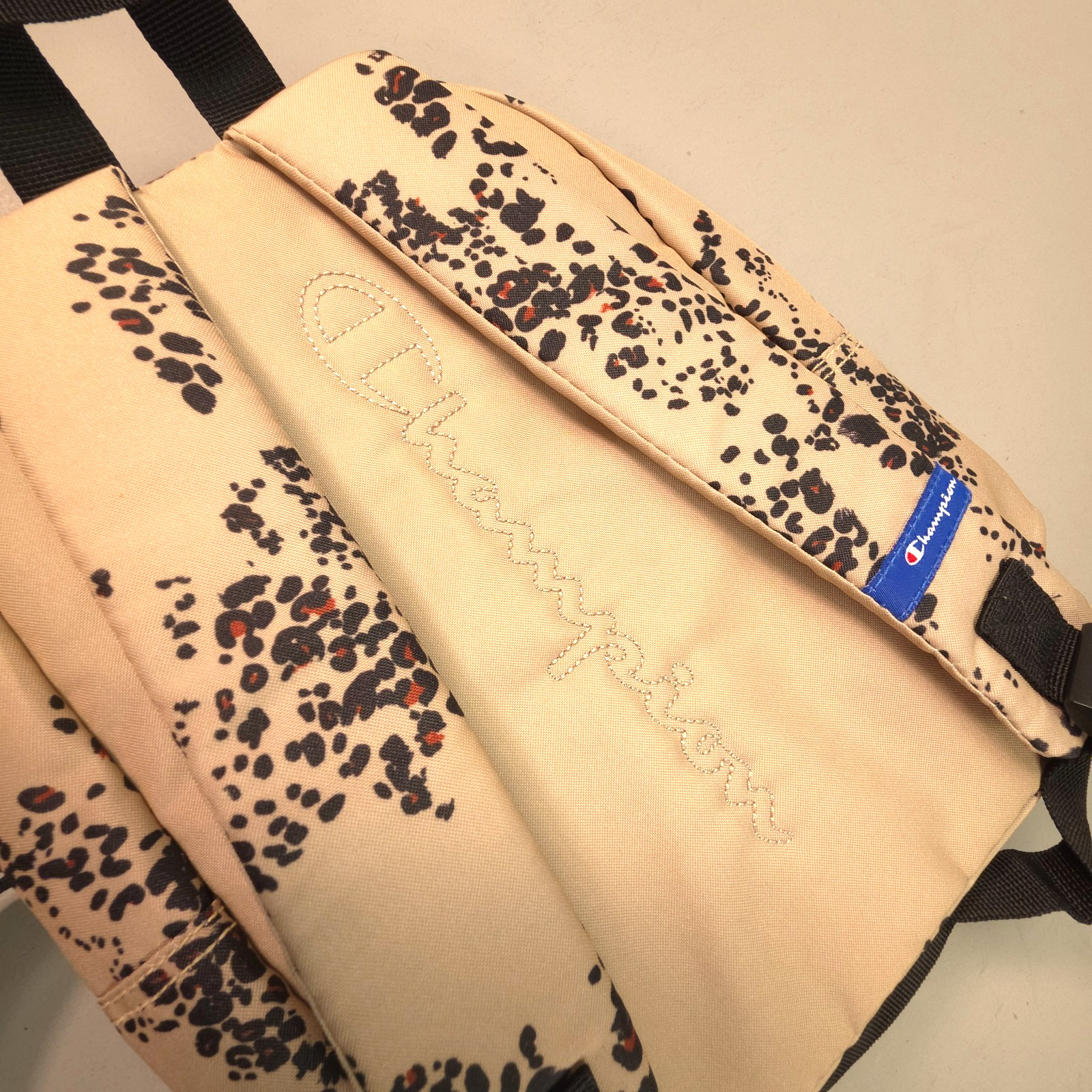 Champion Small Backpack Beige Animal Print Embroidered Logos Adj Straps *New*