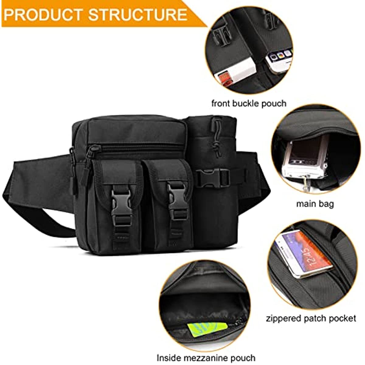 Tactical Waist Bag With Water Bottle Pouch Outdoor Waterproof Waist Shoulder Bag