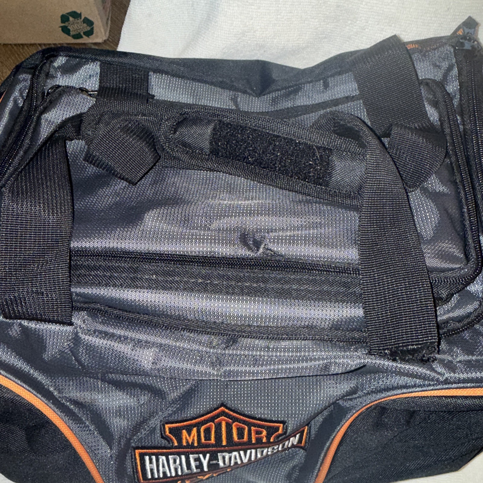 HARLEY DAVIDSON Duffel Bag Black Gray Orange Bar Shield Travel Gym Bag 19×9