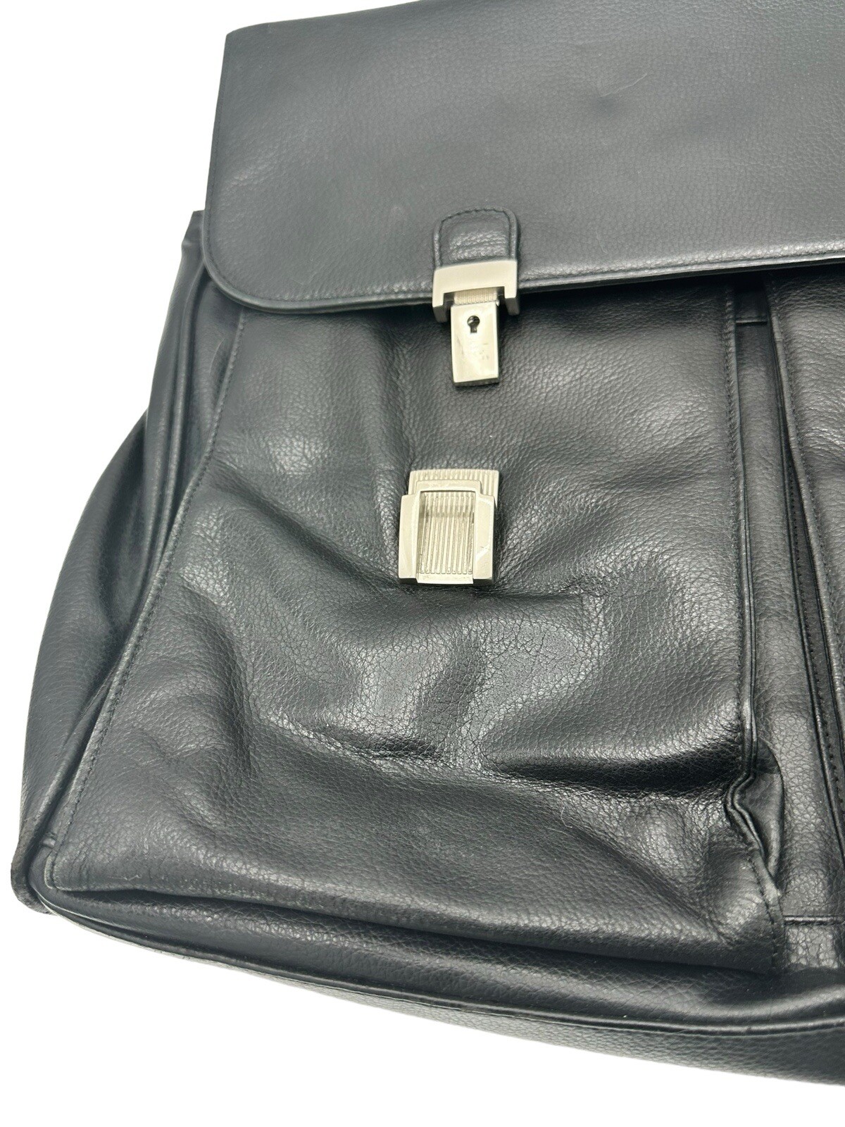 Perry Ellis Portfolio Black Genuine Leather Briefcase Black Many Pockets FLAW