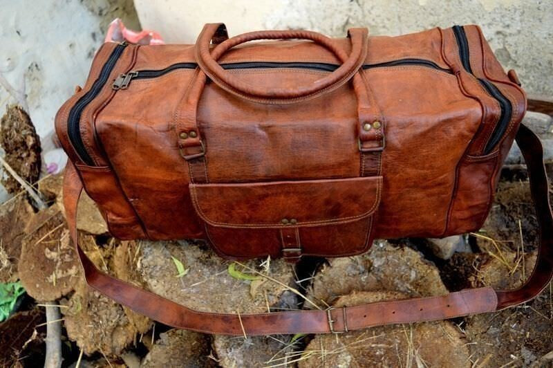 Bag Goat Leather Travel Genuine Duffel Gym Brown Duffle Luggage Men Overnight