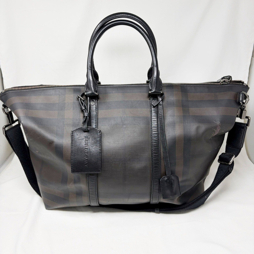 BURBERRY 2-Way Boston bag Dark Brown Leather PVC Men Duffle bag Travel