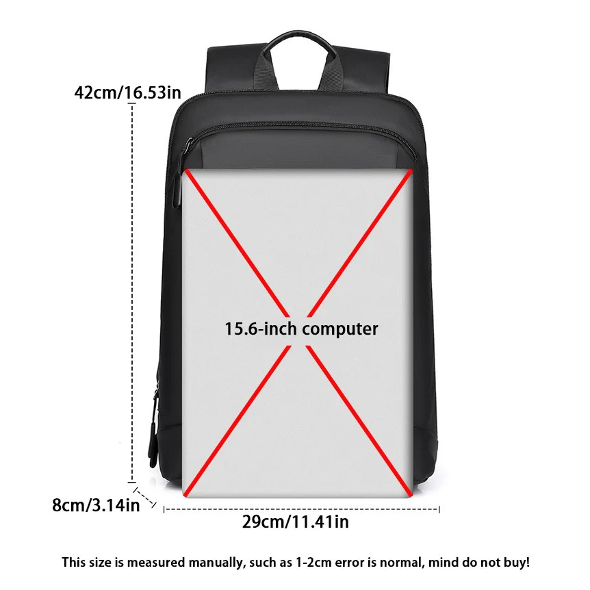 Mens Waterproof Backpack Slim 15.6 Laptop Bag Lightweight Business Travel Black